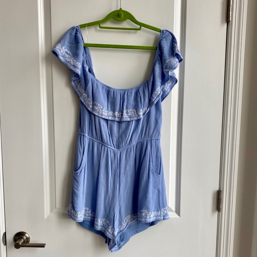 Francesca’s Light Blue Off the Shoulder Romper M